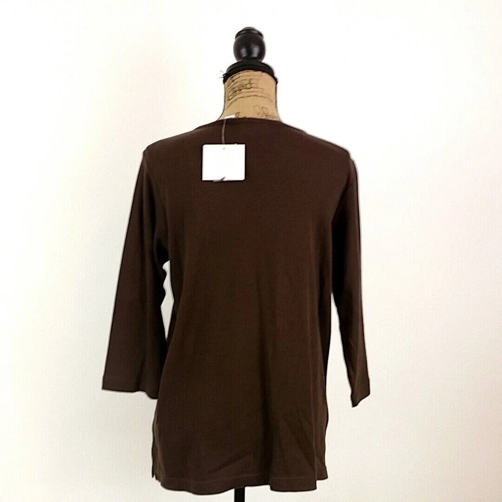 NWT Quacker Factory Womens sz S Top Brown Long Stem Rose Rhinestone Scoop Neck - Picture 4 of 8